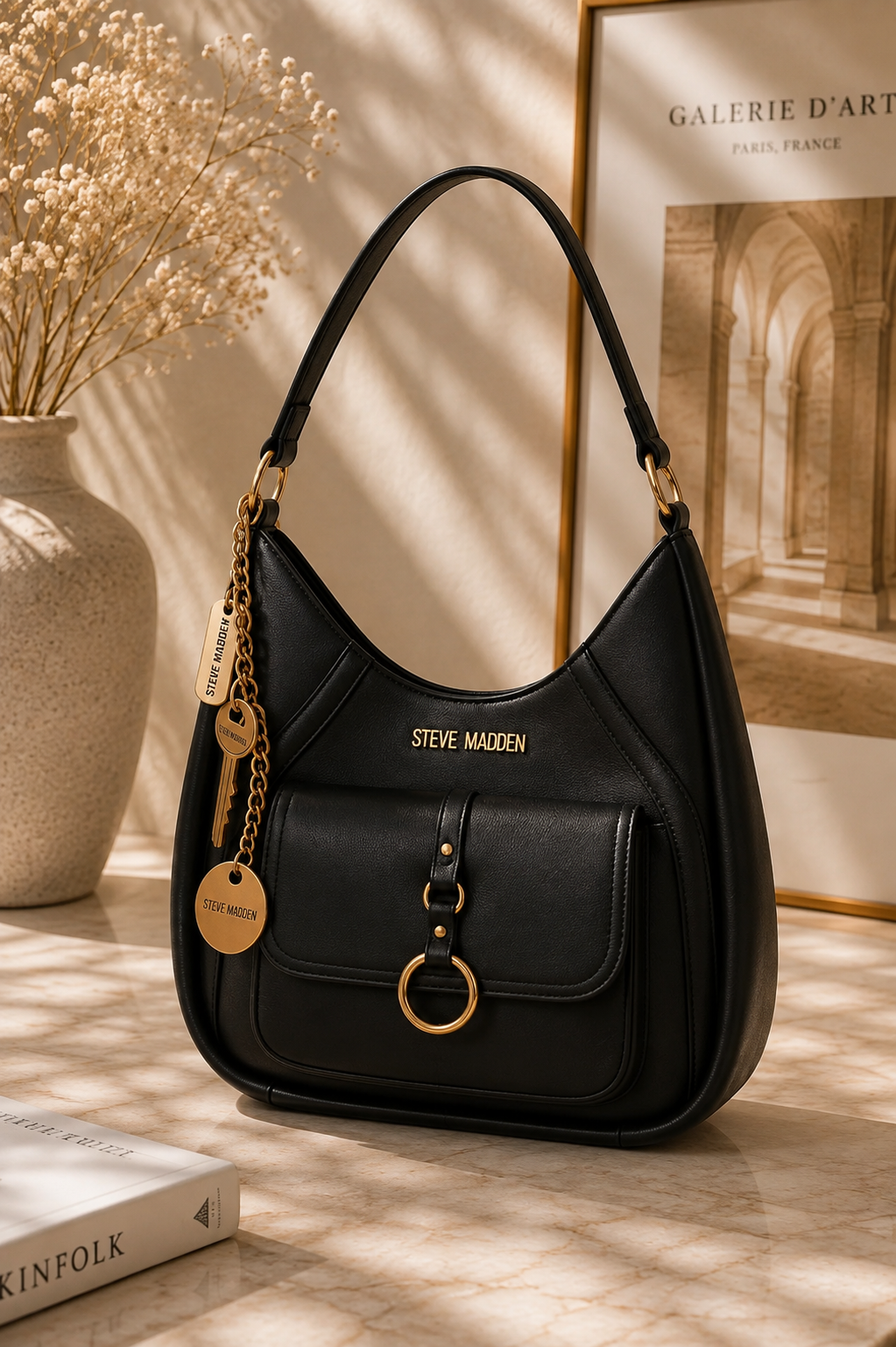 Black Tote Steve Madden hobo negro con llaveros cadena dorada y bolsillo frontal con argolla