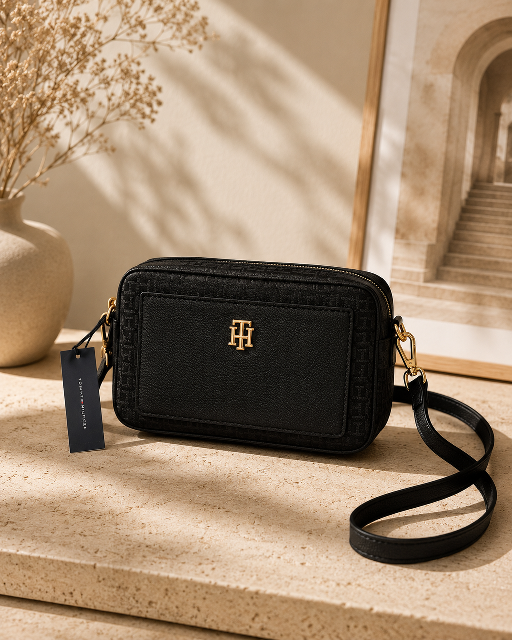 Crossbody Tommy Hilfiger Monograma Tela y Cuero Negro