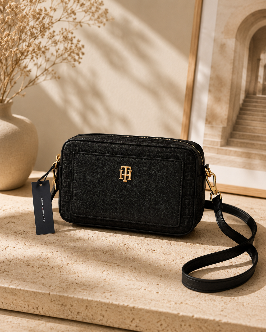Crossbody Tommy Hilfiger Monograma Tela y Cuero Negro