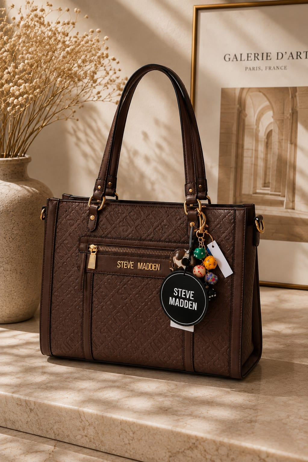 Livia Embossed Tote Brown Steve Madden con llavero dados